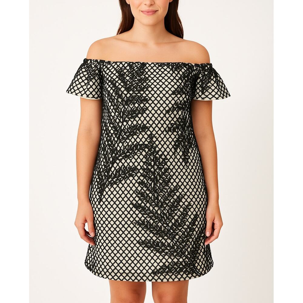 Hutch Off the Shoulder Cap Sleeve Dress – Black Mesh Leaf Overlay Size 6